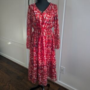 LOFT Women’s Red Floral Long Sleeve Maxi Dress Size Medium